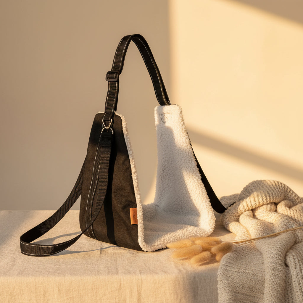 Black and white bag with a strap on a white background