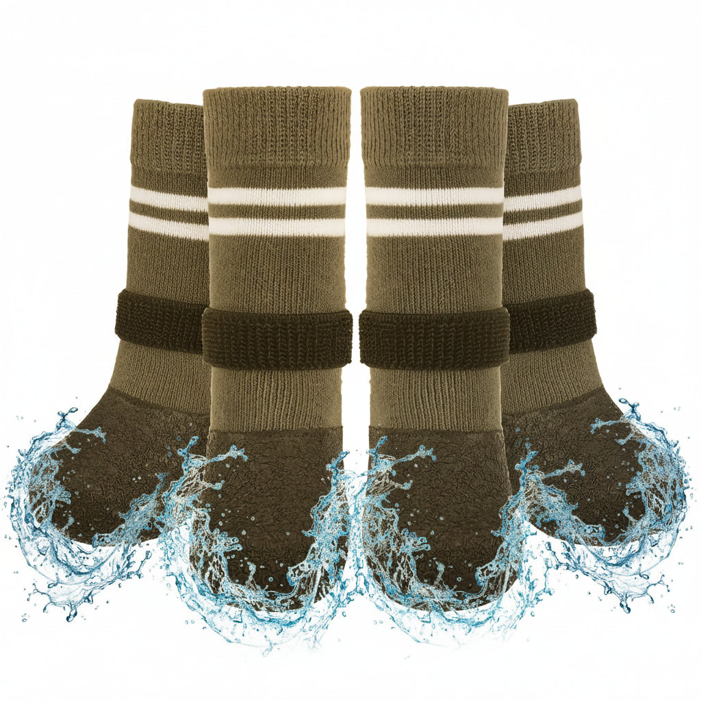 Four pairs of gray socks with black soles and white stripes on a white background.