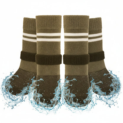 Four pairs of gray socks with black soles and white stripes on a white background.