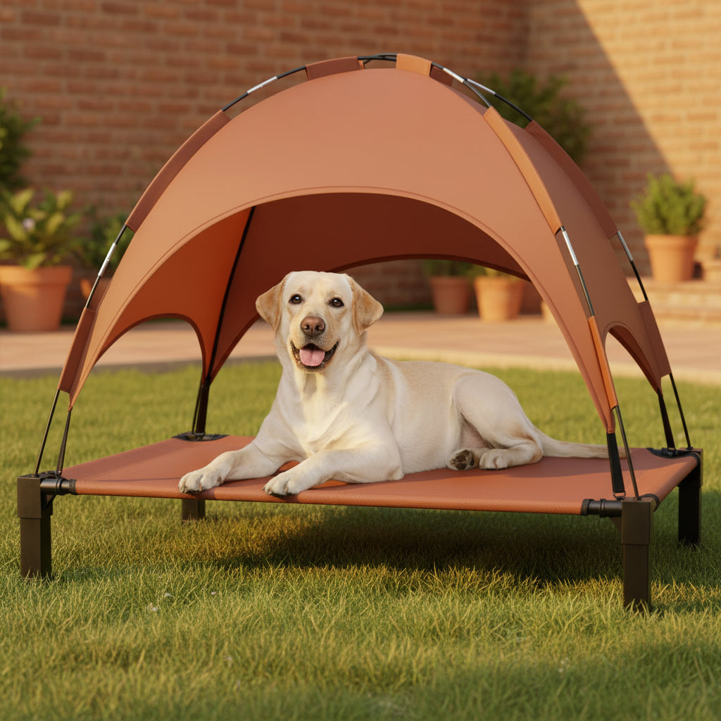 Dog lying on a green pet cot with canopy