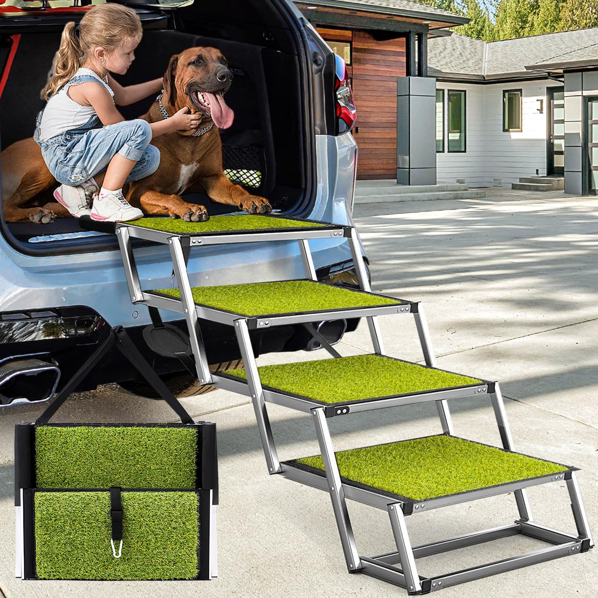 Pet owner with a dog using a set of green pet steps to enter a vehicle