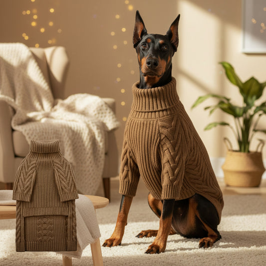 Dog wearing a brown knitted sweater with additional sweater pieces displayed on a white background.