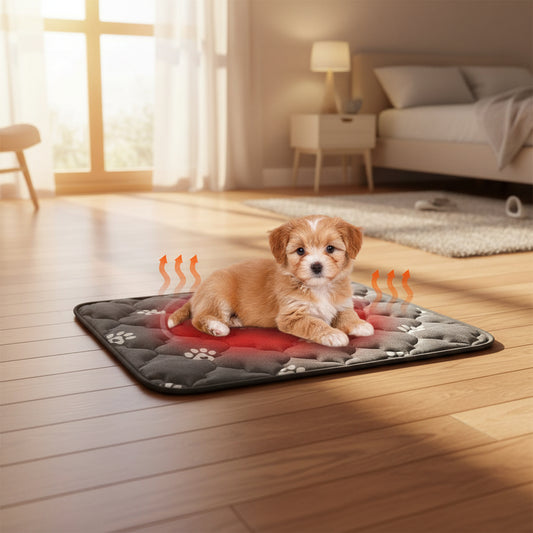 Two heated pet mats with paw prints, one showing a dog on it, on a white background.