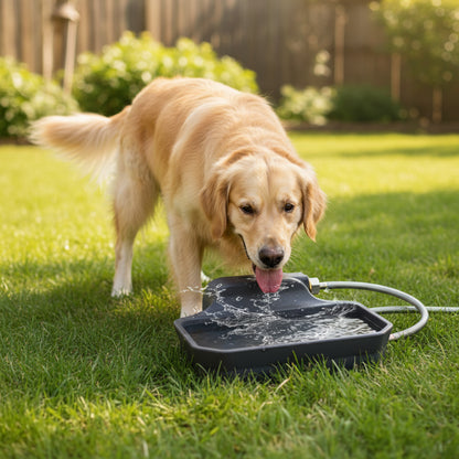 Gray water bowl with hose attachment for pets on a white background