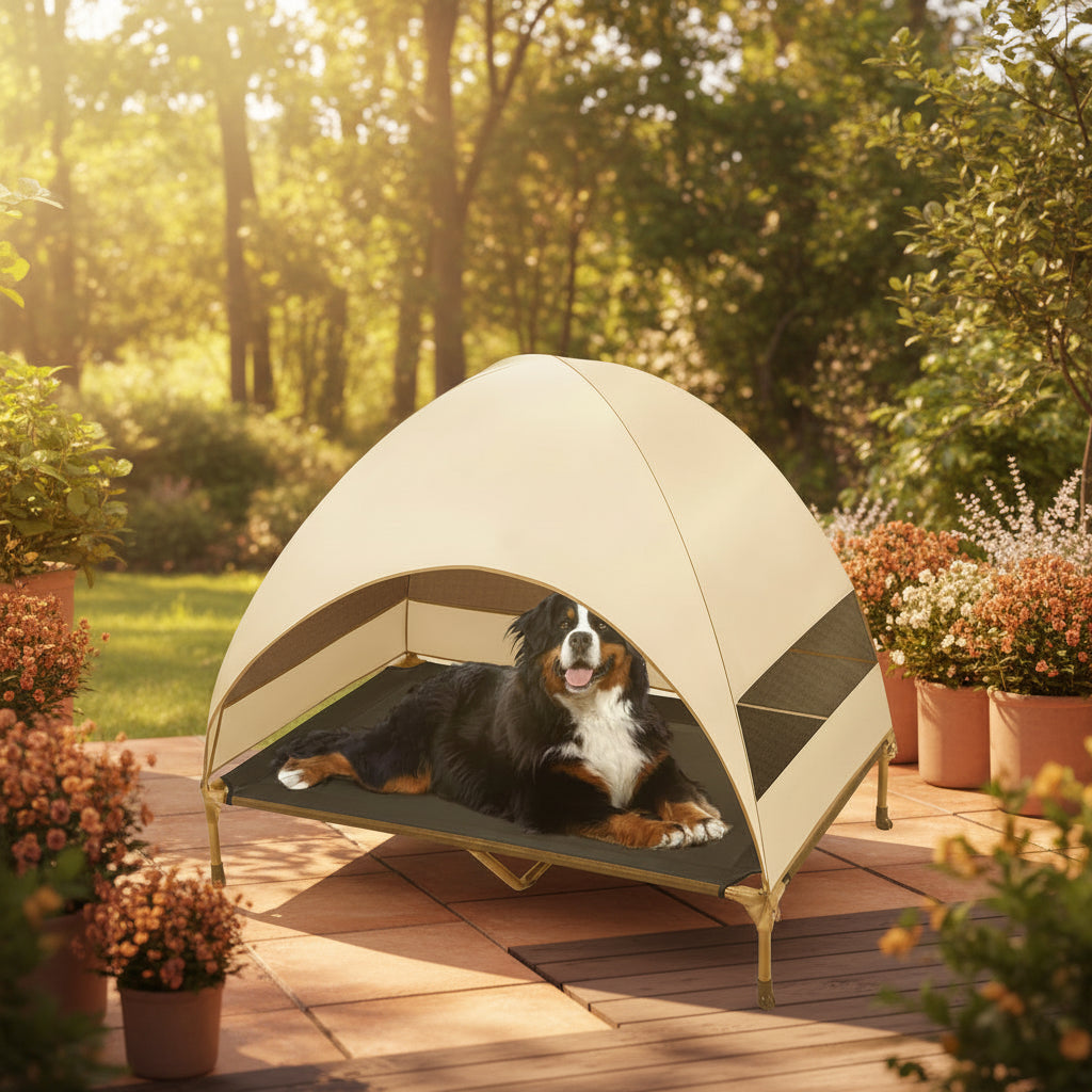 Dog lying inside a gray pet tent with 'veehoo' branding on a white background
