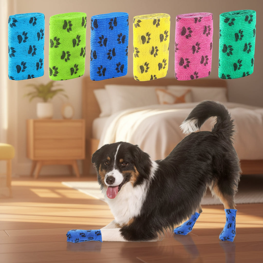 Colorful pet bandages on a dog and cat with paw print pattern.