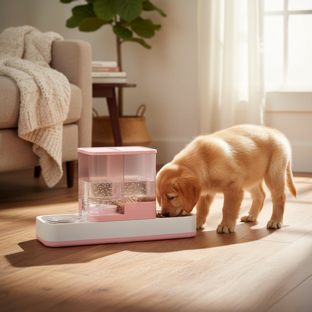 Pet feeding station with pink top and white base, containing dry food and water, with a cat eating from it.