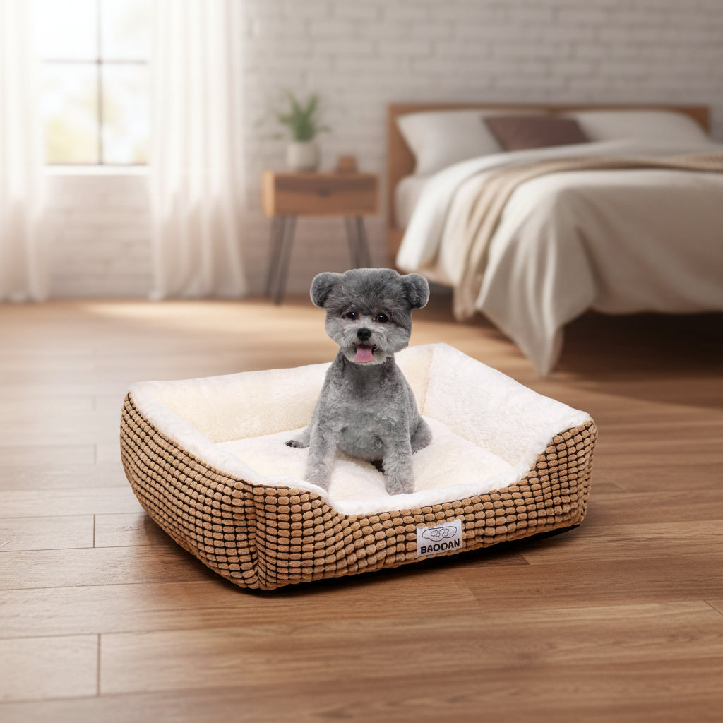 Dog sitting on a beige pet bed with a white background