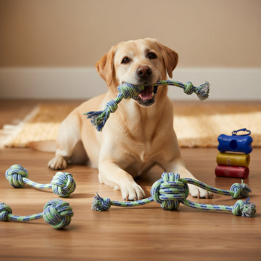 Dog toys with a dog sitting among them on a white background