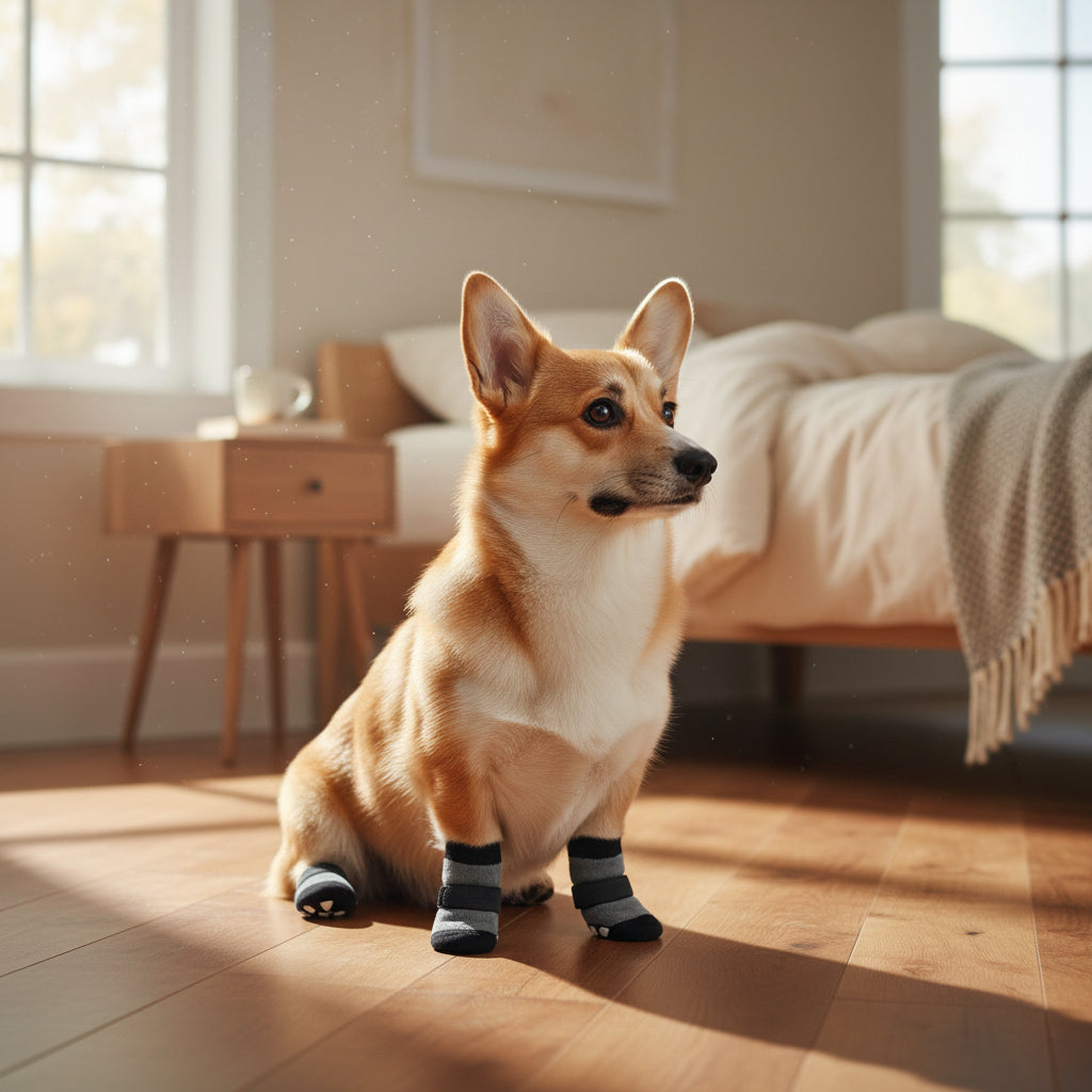Dog wearing gray and black protective dog boots with additional boots displayed on a white background