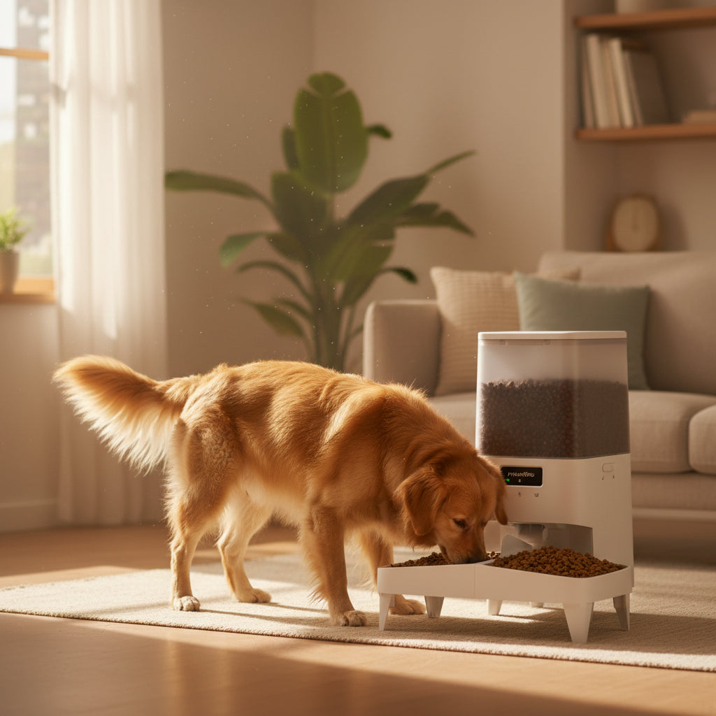 Furminator pet feeder with smartphone app on a white background