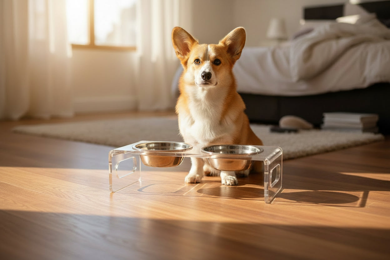 Pet bowls with a cat and dog sitting behind them, accompanied by additional pet accessories on a white background.