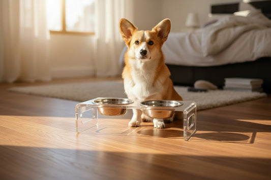 Pet bowls with a cat and dog sitting behind them, accompanied by additional pet accessories on a white background.