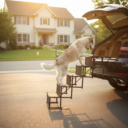 Dog using a set of folding steps to get into a car
