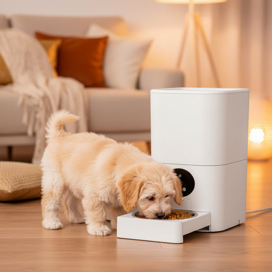 White pet feeder with app on phone and packaging on a white background