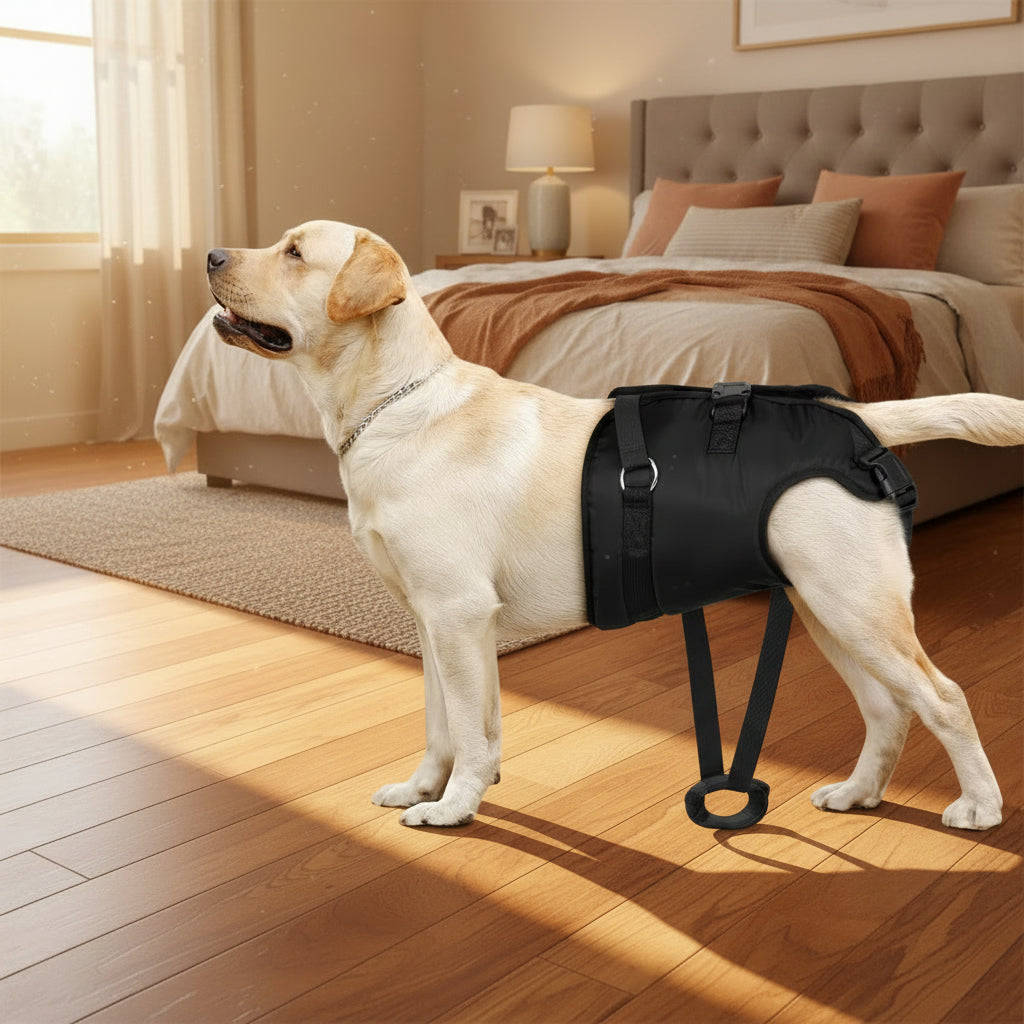 Dog wearing a black support harness with a person assisting it on a white background