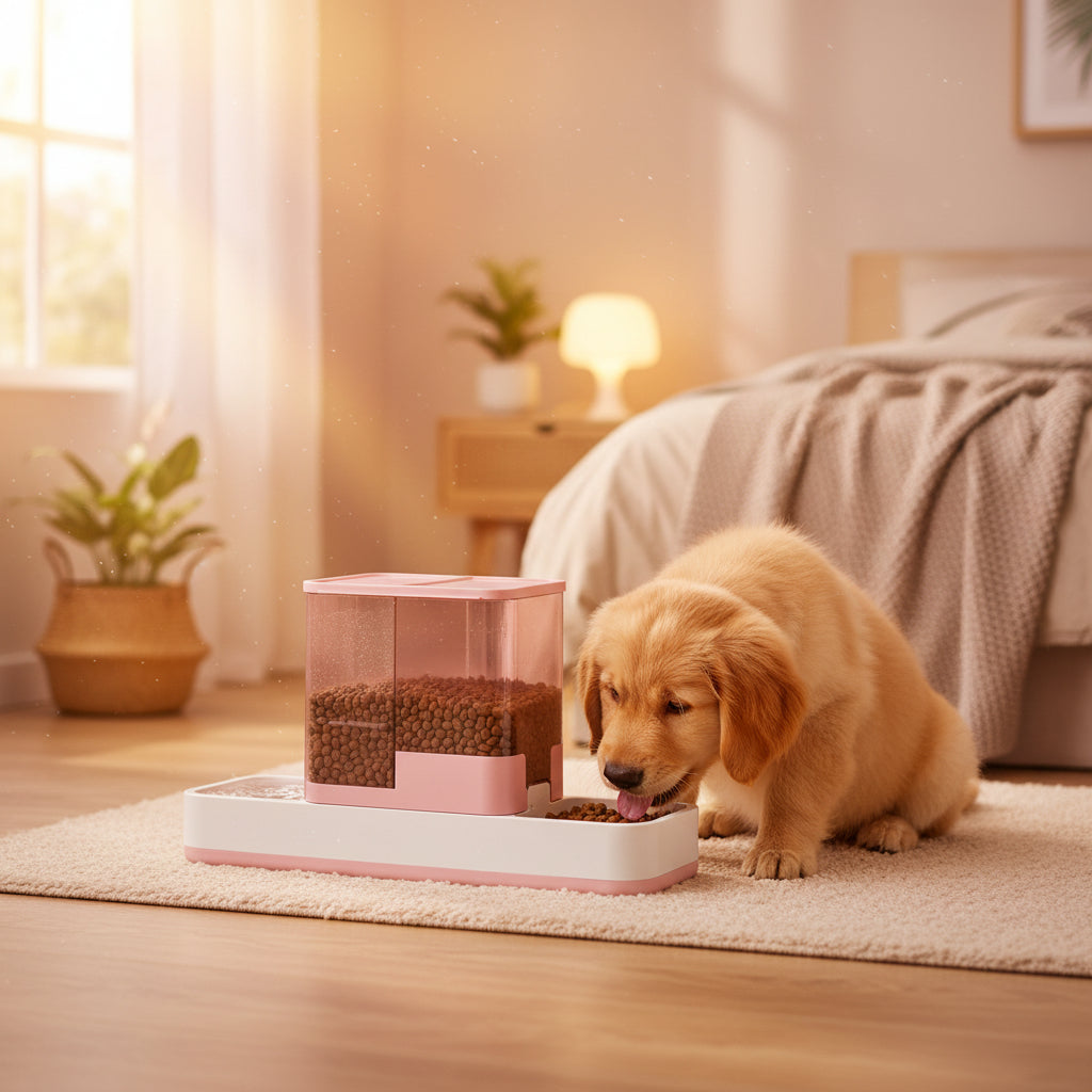 Pet feeding station with pink top and white base, containing dry food and water, with a cat eating from it.