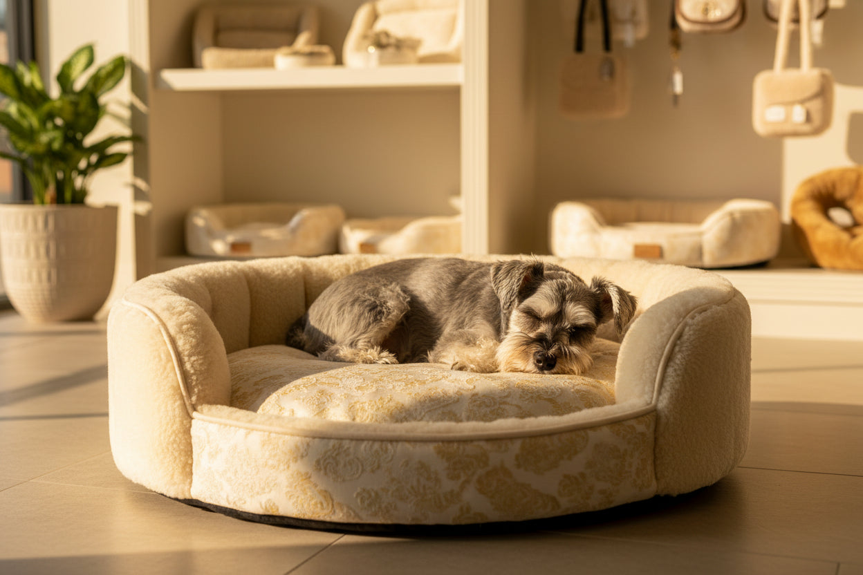 Dog lying on a brown pet bed against a white background