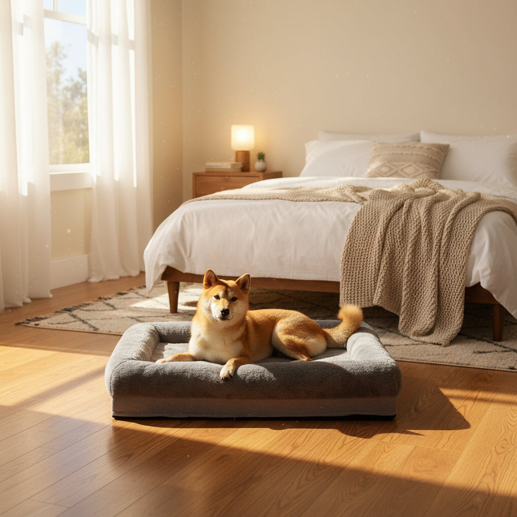 Dog lying on a gray pet bed with a white background