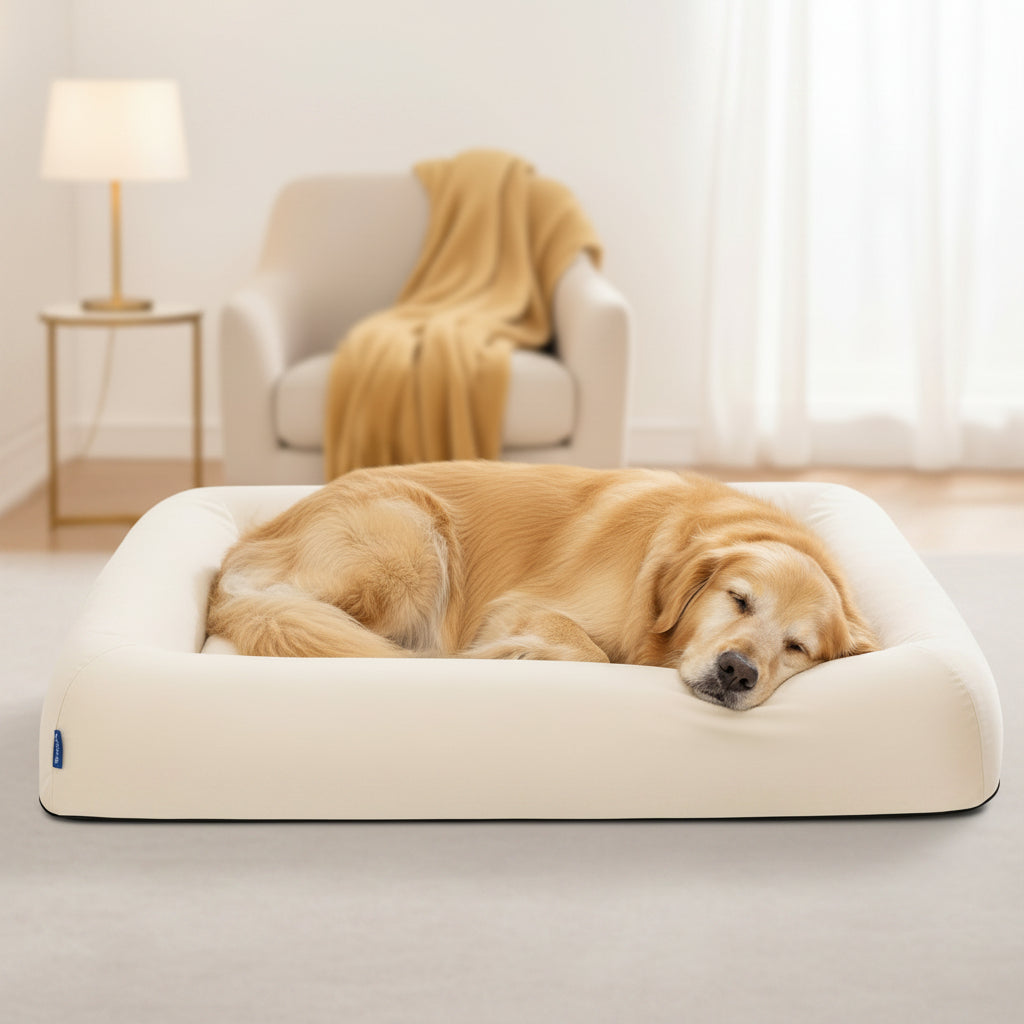 Dog wearing a Santa hat on a gray pet bed with a white background