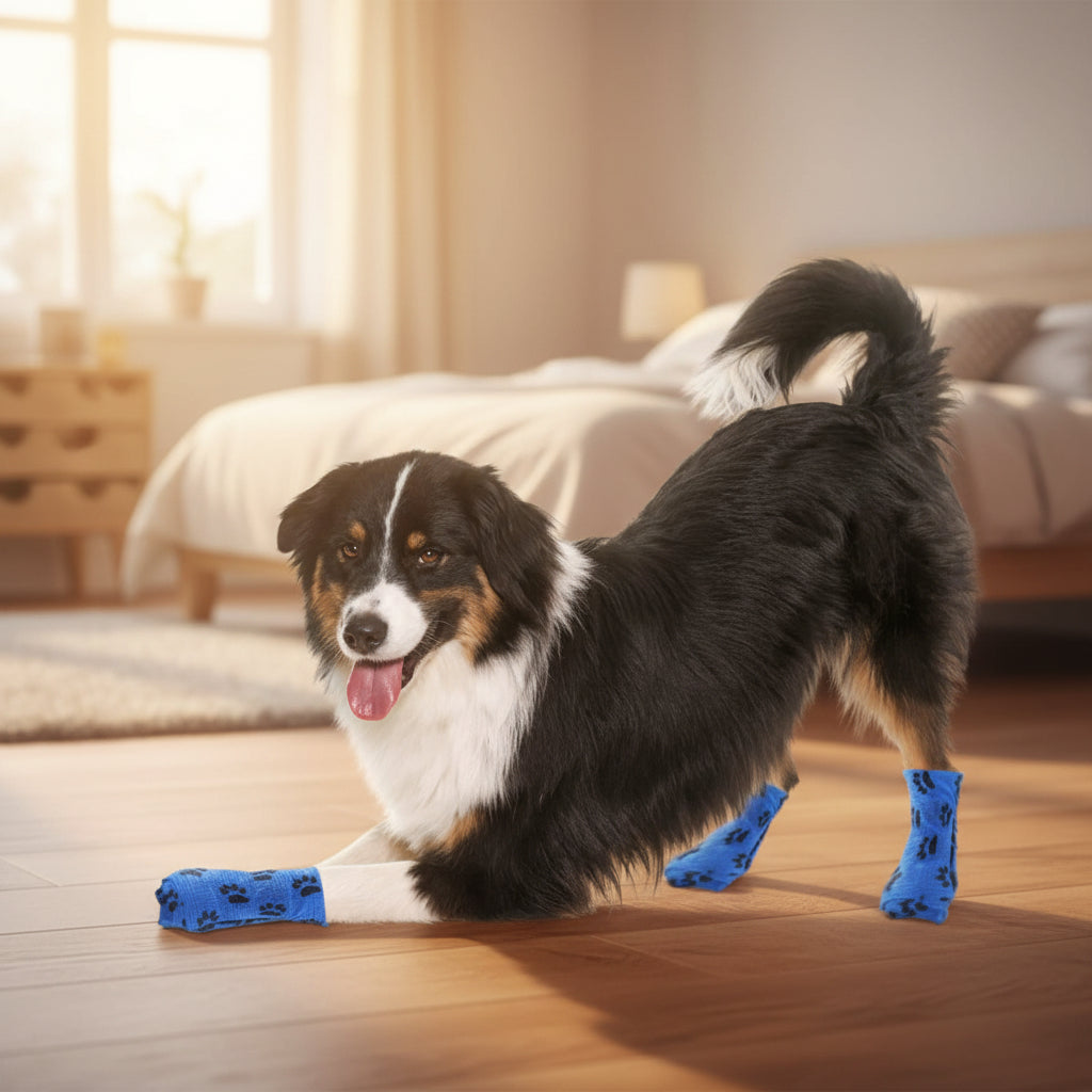 Colorful pet bandages on a dog and cat with paw print pattern.