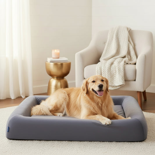 Dog wearing a Santa hat on a gray pet bed with a white background