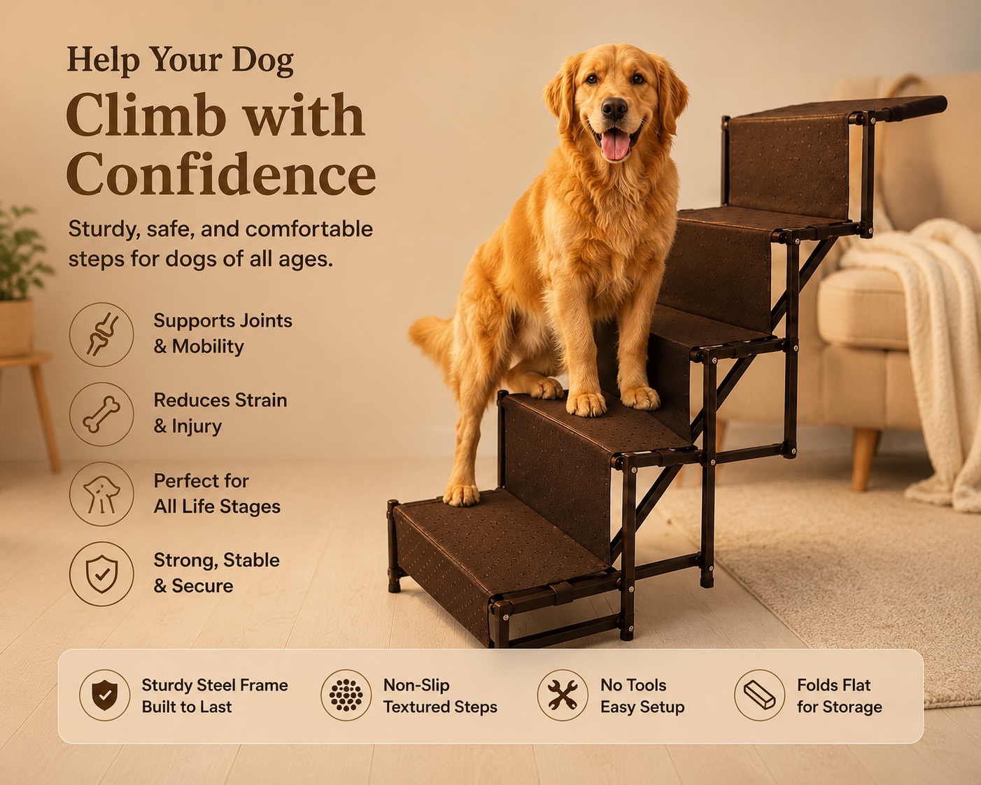 A golden retriever sits on a dark brown and black foldable pet staircase in a cozy living room setting. The image includes marketing text highlighting the benefits of the dog stairs, such as supporting joints and mobility, reducing strain, and being suitable for all life stages.