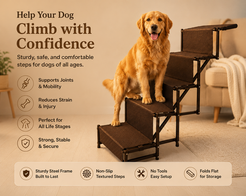 A golden retriever sits on a dark brown and black foldable pet staircase in a cozy living room setting. The image includes marketing text highlighting the benefits of the dog stairs, such as supporting joints and mobility, reducing strain, and being suitable for all life stages.