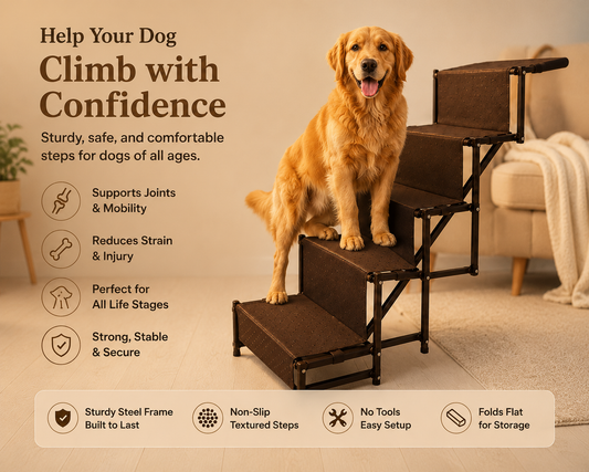 A golden retriever sits on a dark brown and black foldable pet staircase in a cozy living room setting. The image includes marketing text highlighting the benefits of the dog stairs, such as supporting joints and mobility, reducing strain, and being suitable for all life stages.