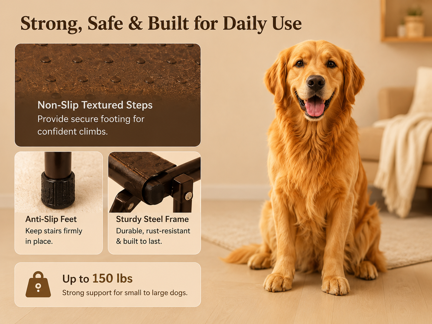A golden retriever dog sits in a softly lit living room while the left side of the image contains marketing callouts for a dog stair product: textured non-slip steps, anti-slip feet, a sturdy steel frame, and up to 150 lbs capacity. This is not a clean standalone product shot because the scene includes a real animal and home environment, so subject_type is Lifestyle rather than Product/Packaging.