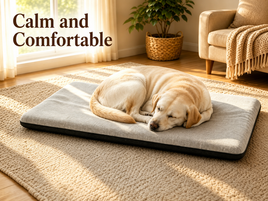 ﻿﻿Yellow Labrador sleeping peacefully on orthopedic dog bed with sunlight