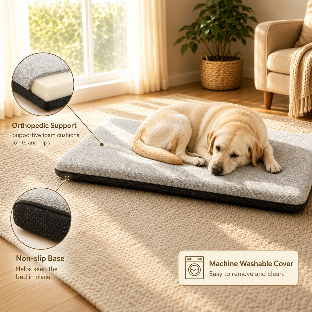 ﻿﻿Dog bed feature highlights: orthopedic foam, non-slip base, washable cover