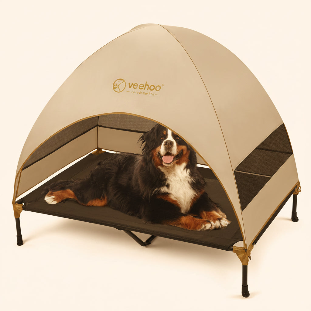 Dog lying inside a gray pet tent with 'veehoo' branding on a white background