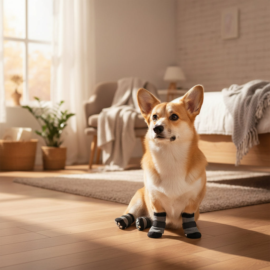 Dog wearing gray and black protective dog boots with additional boots displayed on a white background