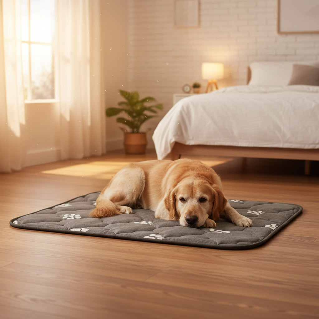 Two heated pet mats with paw prints, one showing a dog on it, on a white background.