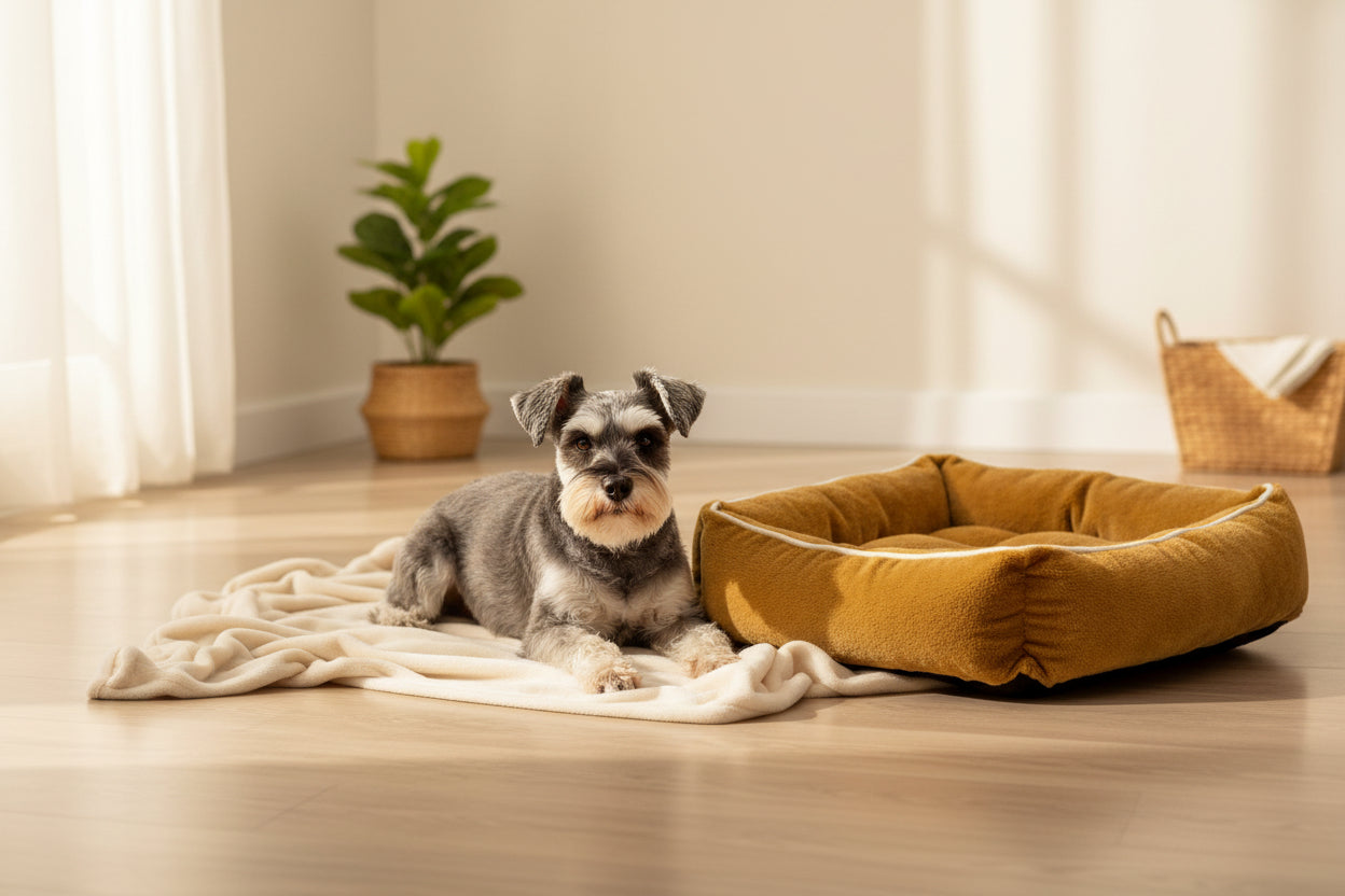 Dog lying on a brown pet bed against a white background
