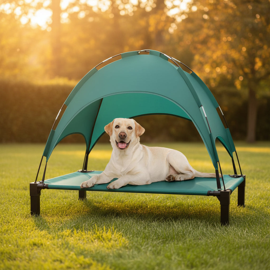 Dog lying on a green pet cot with canopy