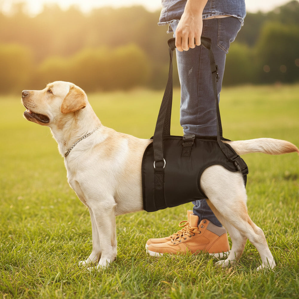 Dog wearing a black support harness with a person assisting it on a white background
