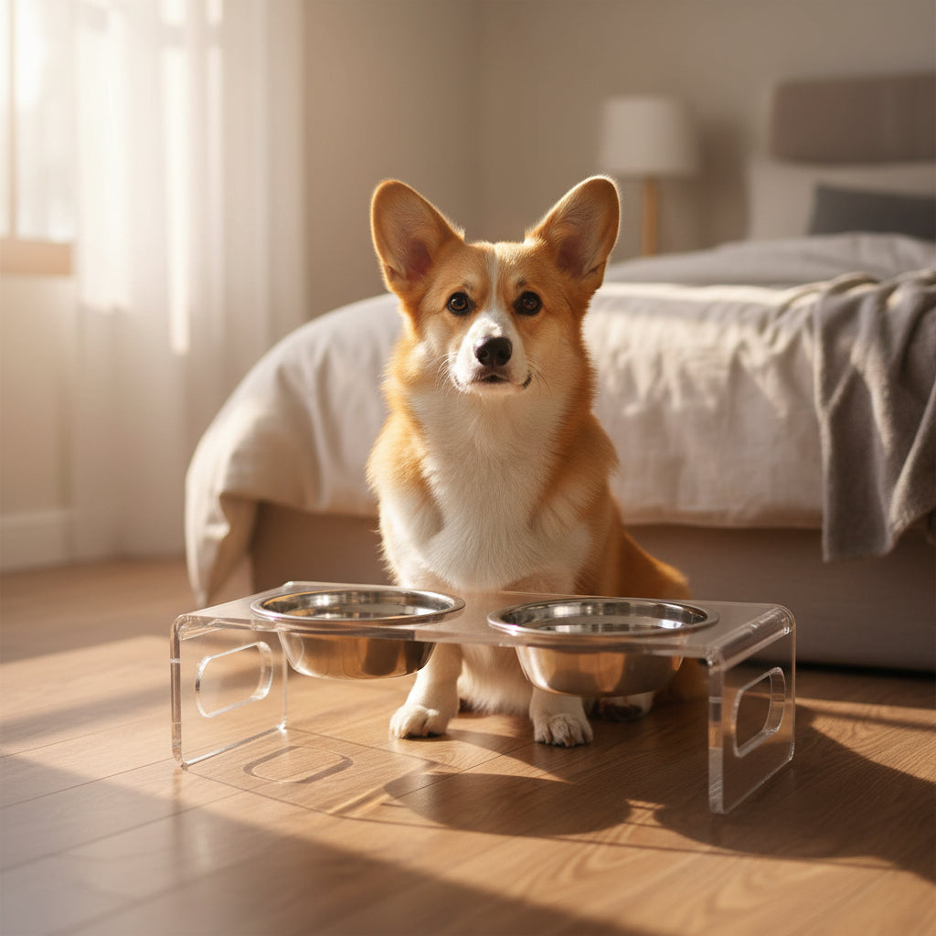Pet bowls with a cat and dog sitting behind them, accompanied by additional pet accessories on a white background.