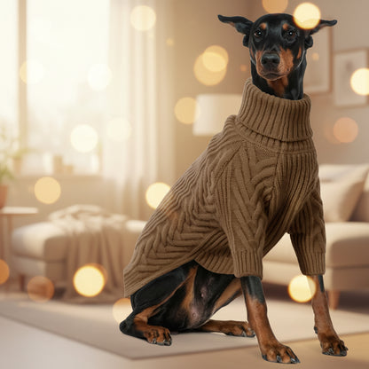 Dog wearing a brown knitted sweater with additional sweater pieces displayed on a white background.