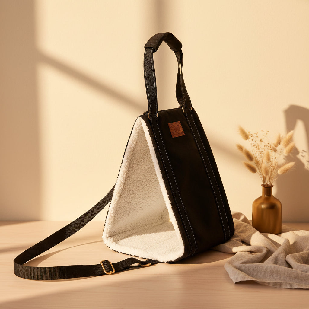 Black and white bag with a strap on a white background