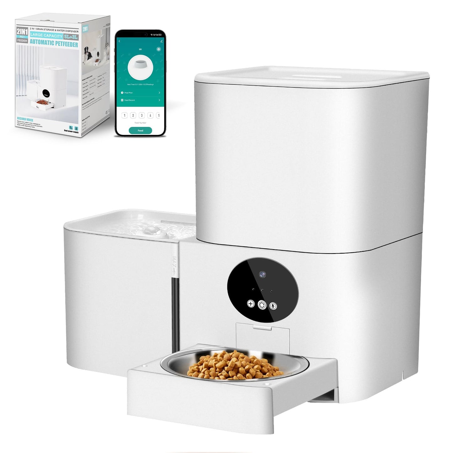 White pet feeder with app on phone and packaging on a white background