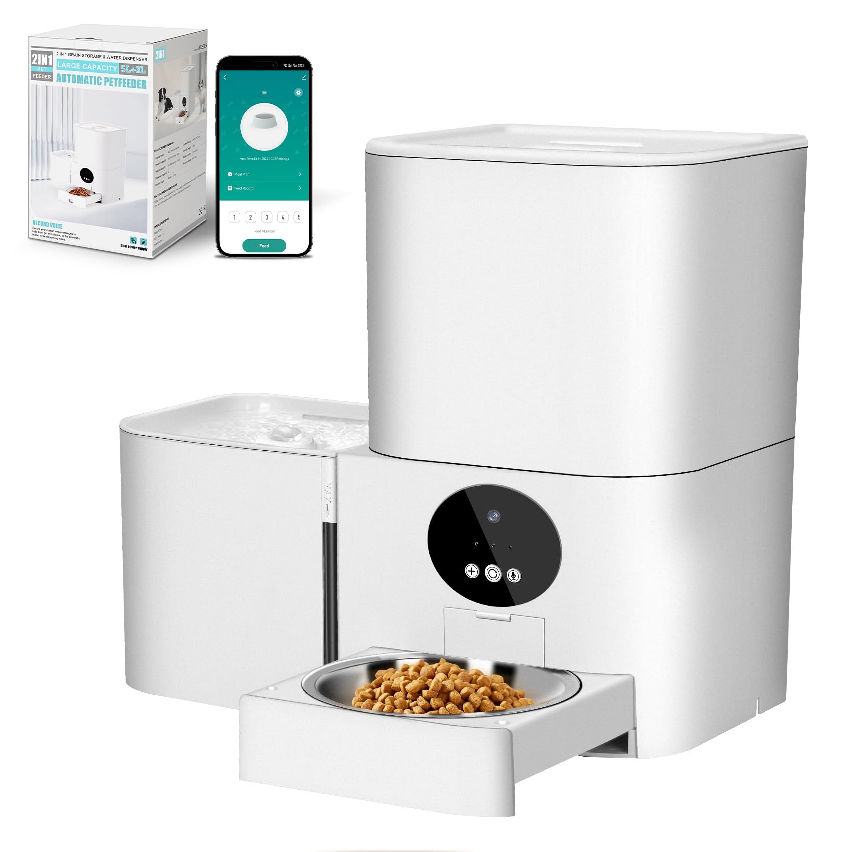 White pet feeder with app on phone and packaging on a white background