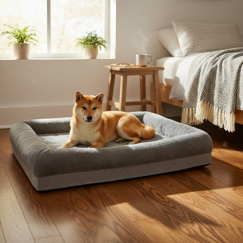 Dog lying on a gray pet bed with a white background