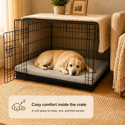 Labrador relaxing comfortably inside a wire dog crate