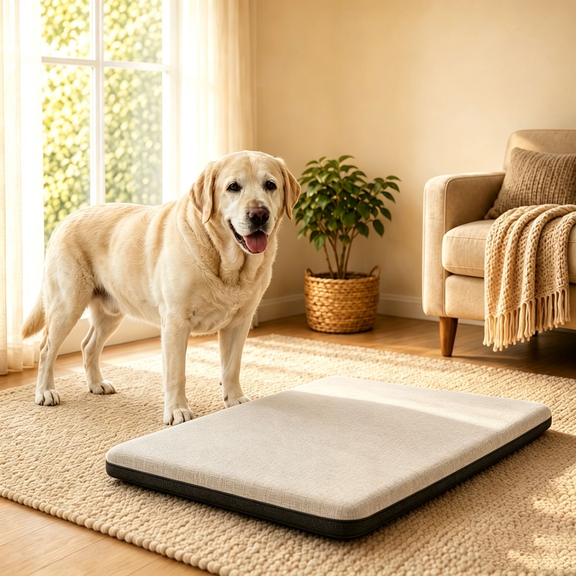 ﻿﻿Happy yellow Labrador standing beside premium dog bed 